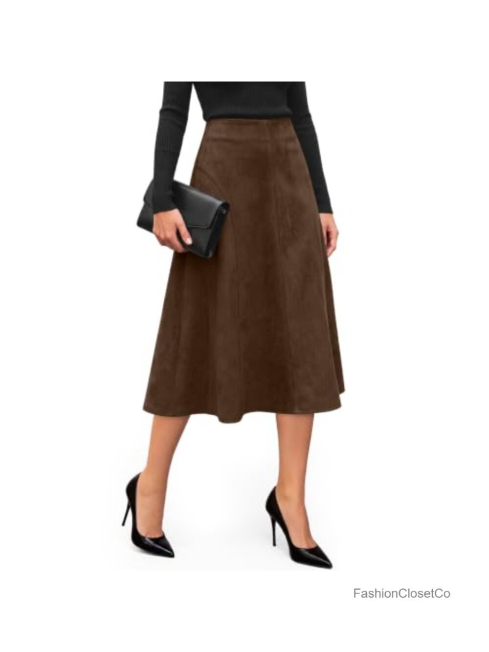 Faux Suede Midi Skirt High Waist A-Line Pleated